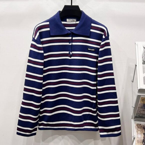 Miu Miu Blue and White Striped Long Sleeve Polo - Picture 1 of 7